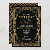 1920年代のアールデコ誕生日ギャツビーパーティーブラック&金ゴールド 招待状 (正面/裏面)