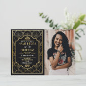 1920年代のアールデコ誕生日ギャツビーパーティー金ゴールド 招待状 (スタンド正面)