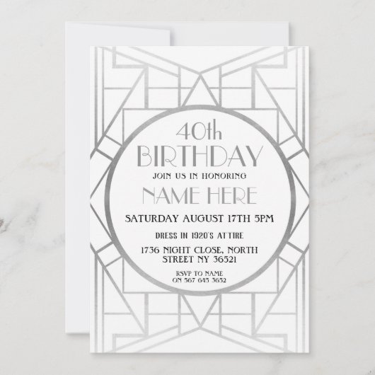 1920年代のアールデコ誕生日ギャツビー銀招待状 招待状 (正面)