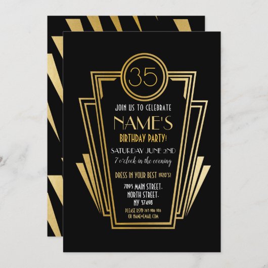 1920年代のアールデコ誕生日パーティー金ゴールド招待状ギャツビー 招待状 (正面/裏面)