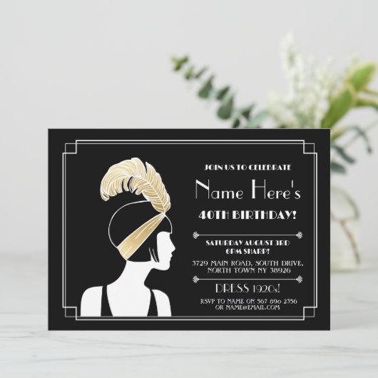 1920年代のアールデコ誕生日招待状ギャツビーガール金ゴールド 招待状 (スタンド正面)