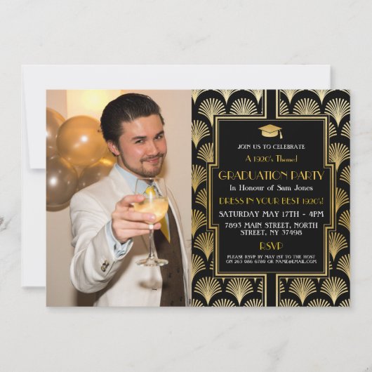 1920年代のアールデコ金ゴールド卒業ギャツビーパーティー写真 招待状 (正面)