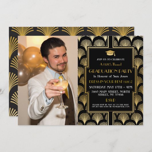 1920年代のアールデコ金ゴールド卒業ギャツビーパーティー写真 招待状 (正面/裏面)