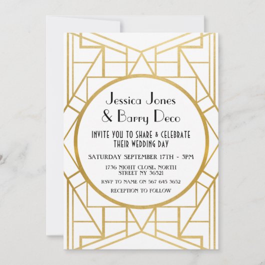 1920年代のアールデコ·ギャツビー·金ゴールド20年代の結婚式への招待 招待状 (正面)