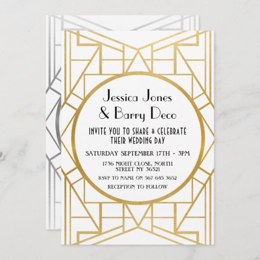 1920年代のアールデコ·ギャツビー·金ゴールド20年代の結婚式への招待 招待状 (正面/裏面)