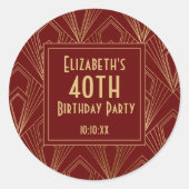 1920年代のアールデコ バーガンディ＆ゴールドの誕生日パーティー ラウンドシール (正面)