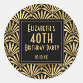 1920年代のアールデコ ブラック|ゴールド バースデーパーティー ラウンドシール (正面)