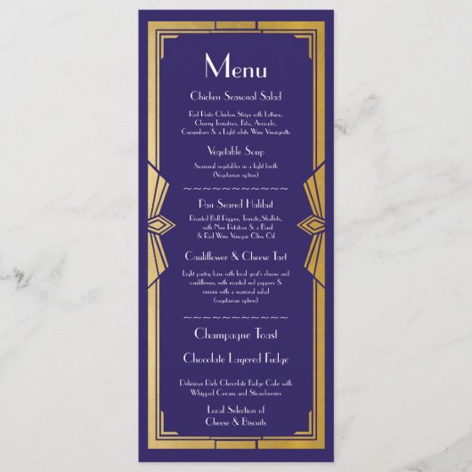 1920年代のウェディング レセプション メニュー ラスティック ネイビー アートデコ (正面)