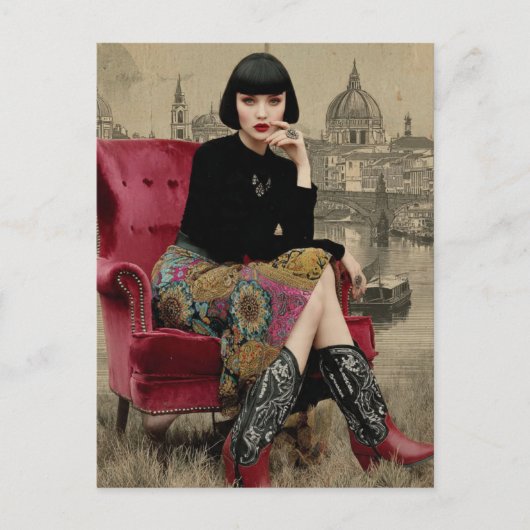 1920年代のカラフルなスカートとブーツの女性 ポストカード (正面)