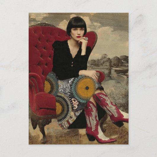 1920年代のカラフルな曼荼羅スカートとブーツの女性 ポストカード (正面)