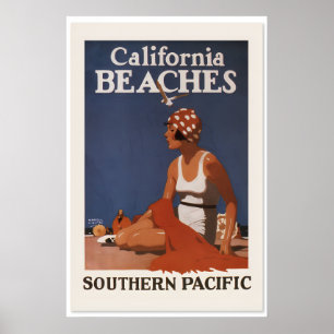 1920年代のカリフォルニアのビーチ - ヴィンテージトラベルスタイル ポスター