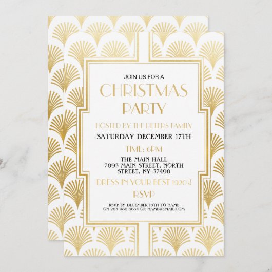 1920年代のクリスマスアールデコギャツビーパーティー金ゴールドファン 招待状 (正面/裏面)