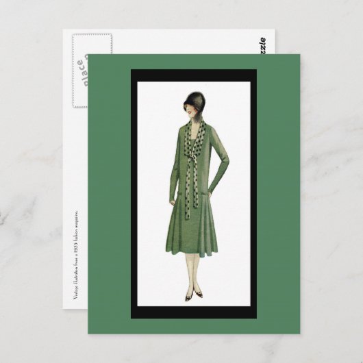 1920年代のグリーンのポストカードのフラッパー ポストカード (正面/裏面)