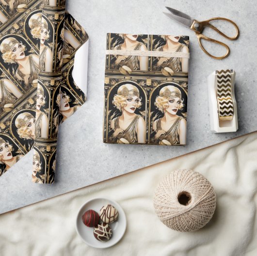 1920年代のフラッパーガール グレートギャツビー ブラックゴールドパーティ ラッピングペーパー (クラフト)