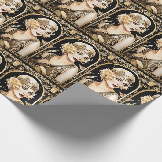 1920年代のフラッパーガール グレートギャツビー ブラックゴールドパーティ ラッピングペーパー (角)