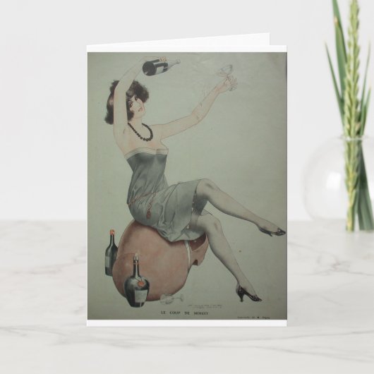 1920年代のレギースタイルのフラッパー、ワインボトルを持つパリの女性 カード (正面)