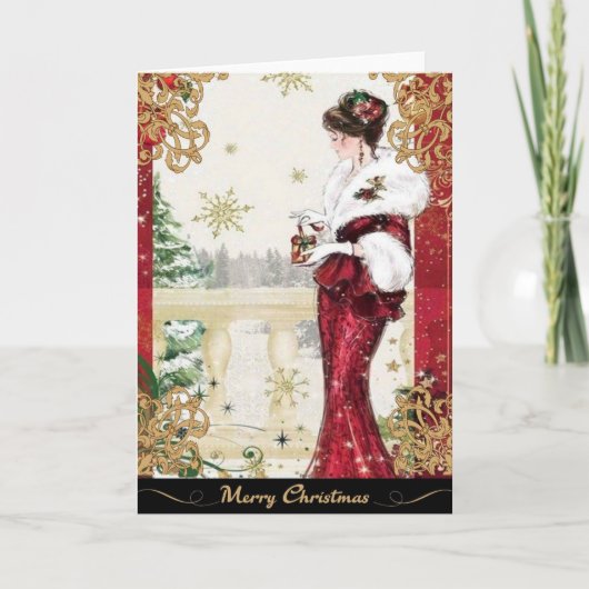 1920年代のレッドの冬のドレスを着た女性 シーズンカード (正面)