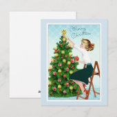 1920年代のレトロな女性がクリスマスツリーを飾る シーズンカード (正面/裏面)