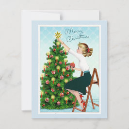 1920年代のレトロな女性がクリスマスツリーを飾る シーズンカード