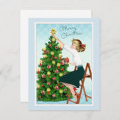 1920年代のヴィンテージの女性がクリスマスツリーを飾っている シーズンカード (正面/裏面)