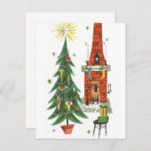 1920年代のヴィンテージクリスマスツリーと暖炉 シーズンカード (正面/裏面)