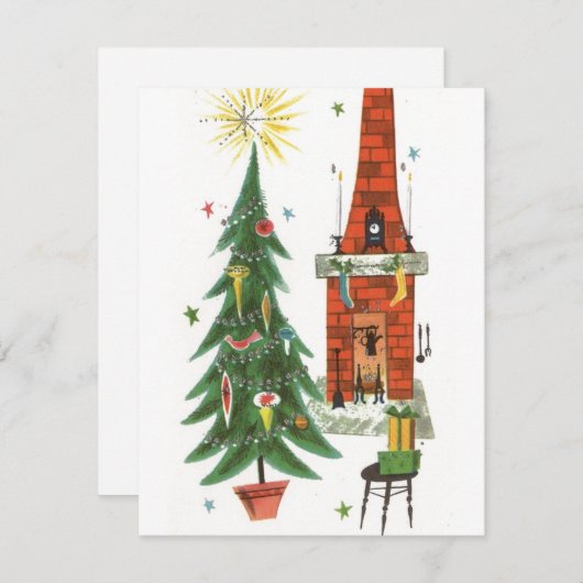 1920年代のヴィンテージクリスマスツリーと暖炉 シーズンカード (正面/裏面)