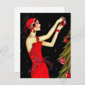 1920年代のヴィンテージ女性がクリスマスツリーを飾っている様子 シーズンカード (正面/裏面)