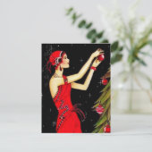 1920年代のヴィンテージ女性がクリスマスツリーを飾る ホリデー シーズンカード (スタンド正面)