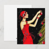 1920年代のヴィンテージ女性がクリスマスツリーを飾る ホリデー シーズンカード (正面/裏面)