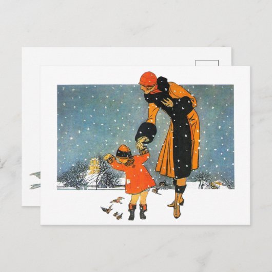 1920年代の冬のシーン – 女食べ物を与えと子の鳥 ポストカード (正面/裏面)