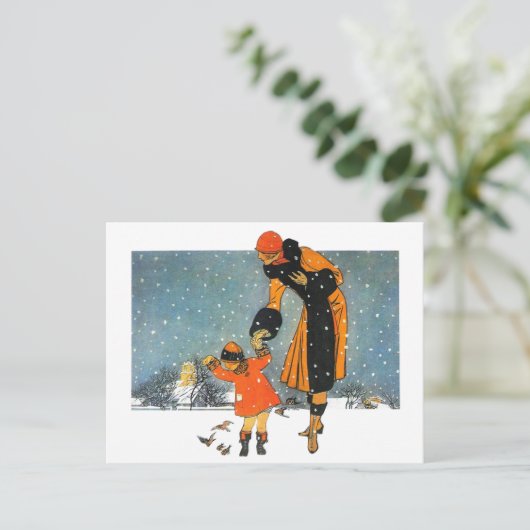 1920年代の冬のシーン – 女食べ物を与えと子の鳥 ポストカード (スタンド正面)