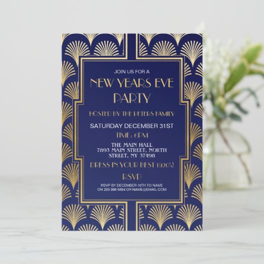 1920年代の大晦日ガッツビーパーティー ネイビーゴールド扇子 招待状 (スタンド正面)