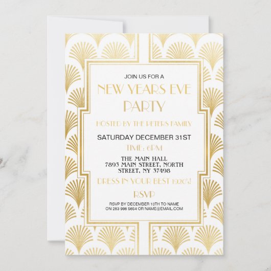1920年代の大晦日ガッツビーパーティー ホワイトゴールドの扇子 招待状 (正面)