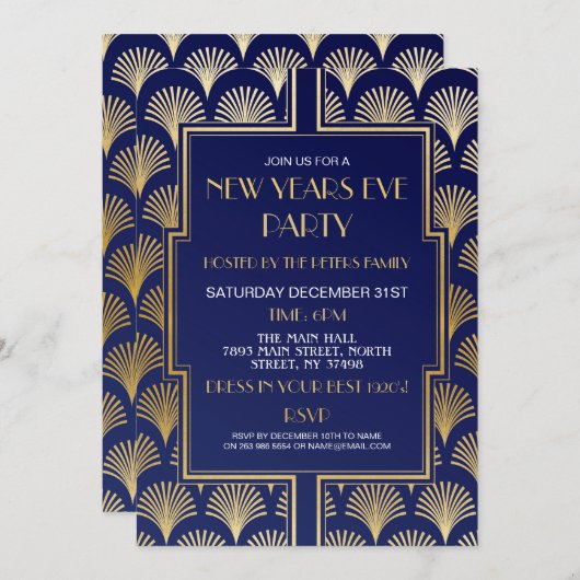 1920年代の大晦日ガツビーパーティー ネイビーゴールド扇子 招待状 (正面/裏面)