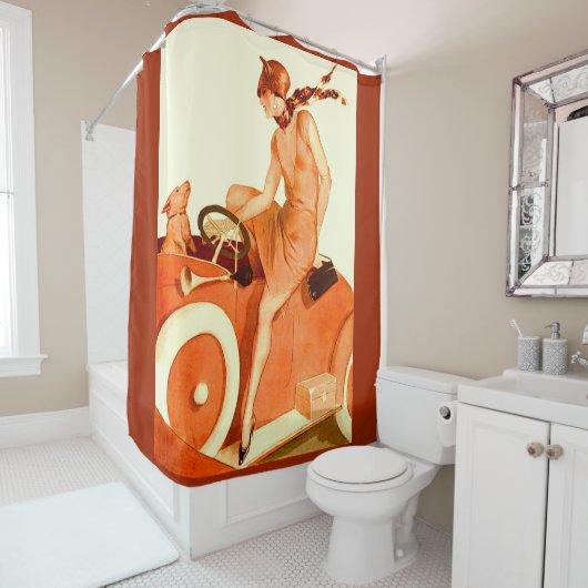 1920年代の女性、車と犬 シャワーカーテン (インサイチュ)