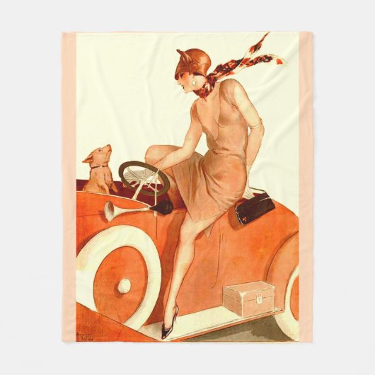 1920年代の女性、車と犬 フリースブランケット (正面)