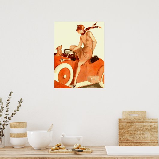 1920年代の女性、車と犬 ポスター (キッチン)