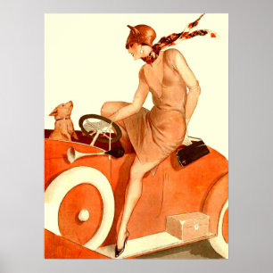 1920年代の女性、車と犬 ポスター