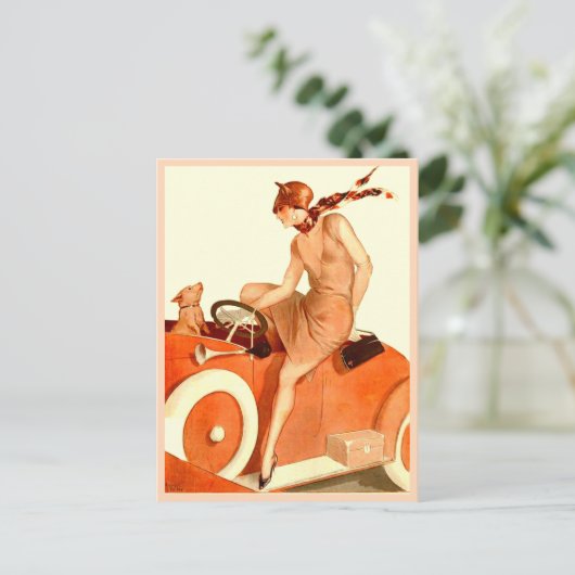 1920年代の女性、車と犬 ポストカード (スタンド正面)