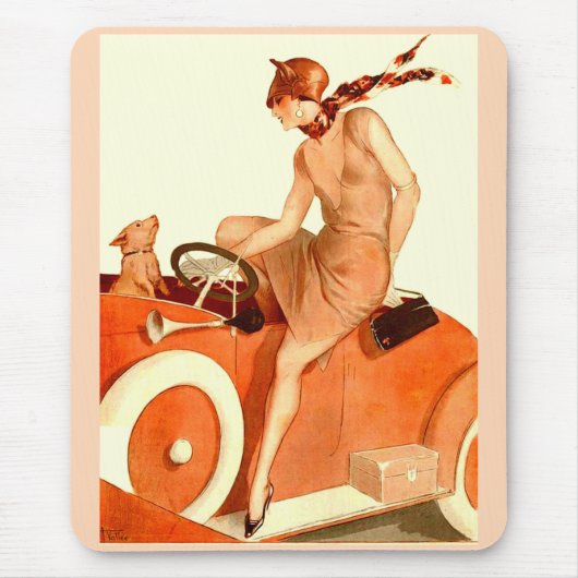 1920年代の女性、車と犬 マウスパッド (正面)