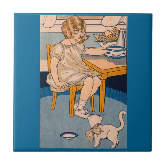 1920年代の小さな女の子と彼女の幼い白猫 タイル (正面)