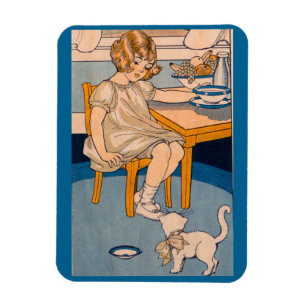 1920年代の小さな女の子と彼女の幼い白猫 マグネット