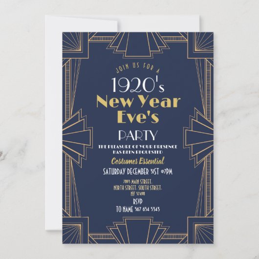1920年代の新年パーティー アールデコ ネイビーゴールド 招待状 (正面)