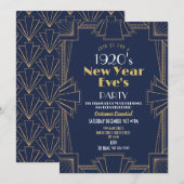 1920年代の新年パーティー アールデコ ネイビーゴールド 招待状 (正面/裏面)