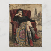 1920年代の美しい女性が赤い椅子に座る ポストカード (正面)