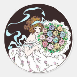 1920年代の花の少女が花束を持って ラウンドシール