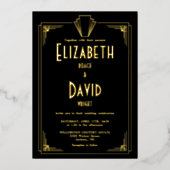 1920年代アールデコスタイルの白黒写真ウェディング 箔招待状 (正面)