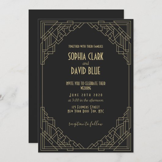 1920年代アールデコスタイルVintageエレガント結婚式 招待状 (正面/裏面)