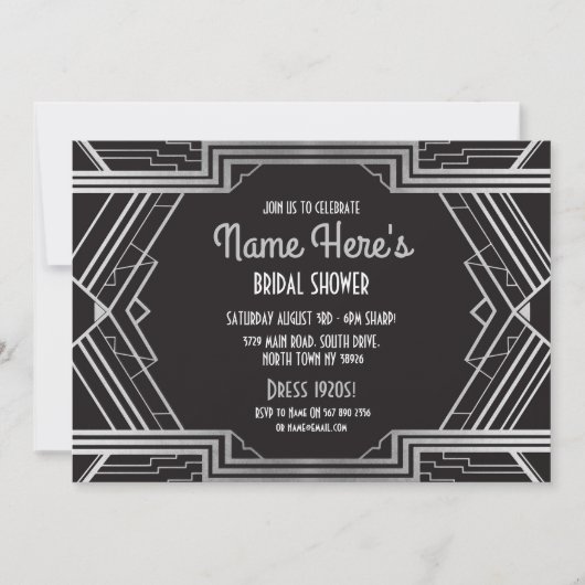 1920年代アールデコブライダルシャワーパーティーギャツビーシルバー 招待状 (正面)