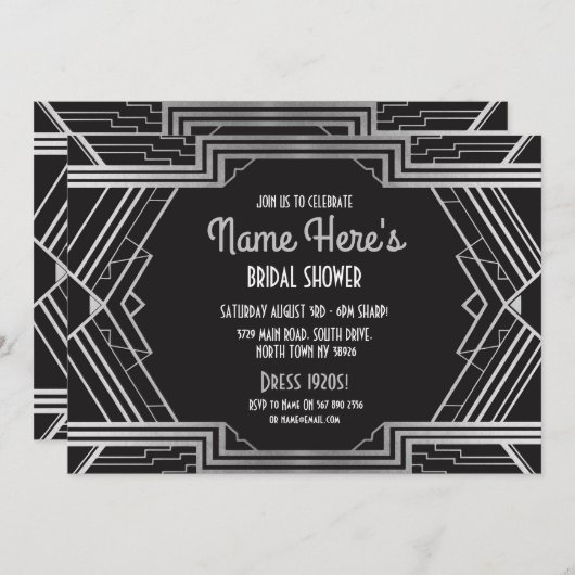 1920年代アールデコブライダルシャワーパーティーギャツビーシルバー 招待状 (正面/裏面)